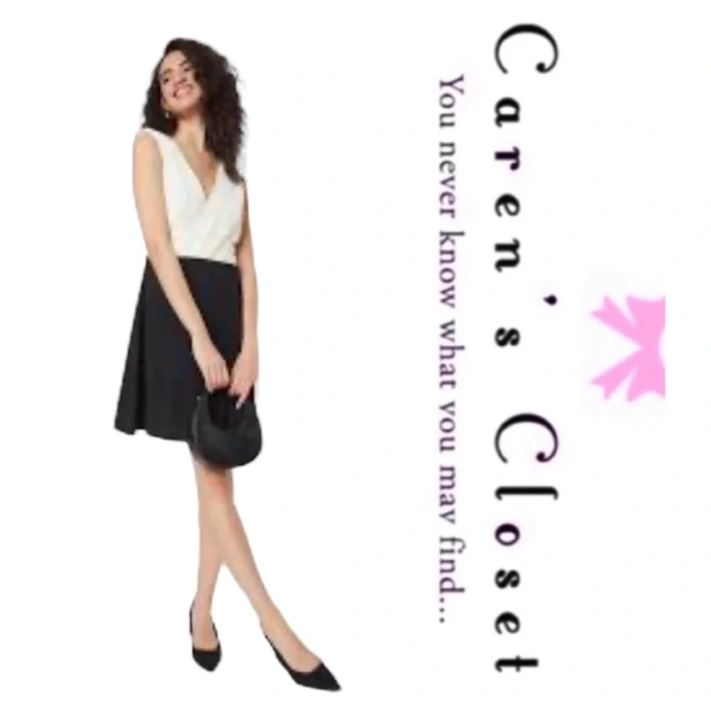 DKNY Black & White Chiffon Stretch Knit Cocktail Skater Fit & Flare Dress - Picture 3 of 16